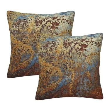 Imagem de Ideeze Conjunto de 2 fronhas de almofada de cobre enferrujado em bronze metálico marrom dourado laranja azul-petróleo rústico capa de almofada quadrada para decoração de casa macia cama sofá carro