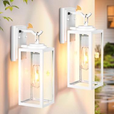 Imagem de OPAXIS Pacote Com 2 Luminárias Externas Brancas, Luminária De Parede Externa Sensor Do Anoitecer Ao Amanhecer E Vidro Transparente, Alumínio À Prova D'Água Para Pátio, Luzes Varanda