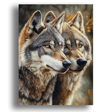 Imagem de Zariocy Kits de arte de diamante 5D para adultos dois lobos, arte de pintura de diamante DIY redondo animal broca completa diamante bordado pinturas artísticas artesanato para decoração de parede de