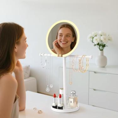 Imagem de Organizador de joias iluminado 2 em 1 com espelho de maquiagem – organizador de colares espelhados com controle de toque de LED – 3 modos de luz, suporte de joias com bandeja para quarto, cômoda