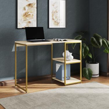 Imagem de Mesa Escritório Berlim Industrial Com Prateleira Ferro Dourado Tampo 110x46 Off White