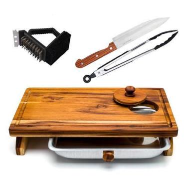Imagem de Kit Churrasco Tabua De Carne Corte Madeira Gaveta Com Faca - OFFSHOP L