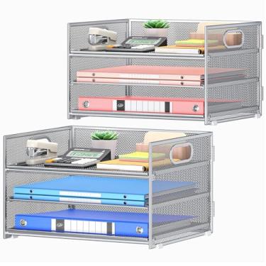 Imagem de Subekyu Pacote com 2 bandejas de papel e organizador de arquivos de malha de metal prata com 3 camadas + 1 bandeja deslizante para mesa, casa, escritório, material escolar, papel A4 e armazenamento de