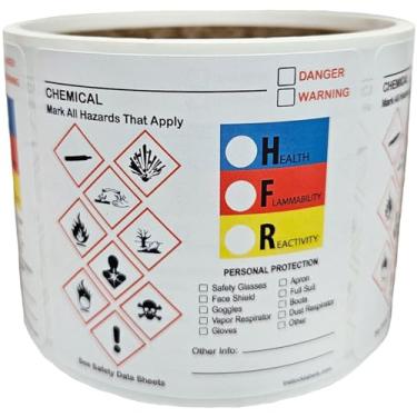 Imagem de Ficha de dados de segurança Etiquetas de perigo GHS com informações de EPI, adesivos perigosos DOT químicos, quadrados de 6 cm, total de 100 etiquetas por rolo - Ideal para laboratórios, armazéns