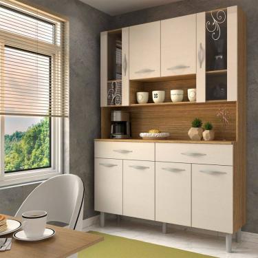 Imagem de Armário de Cozinha com Balcão Sansa 8 Portas 2 Gavetas com Vidro Freijó/Soft - Panorama Móveis