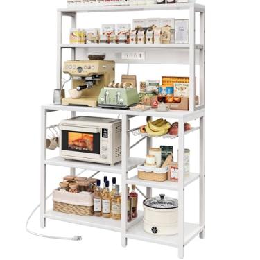 Imagem de SUPERJARE Rack de padeiro com tomada, barra de café de 90 cm com cesta de arame, suporte de micro-ondas de cozinha com 6 ganchos em forma de S, prateleiras de armazenamento abertas, branco