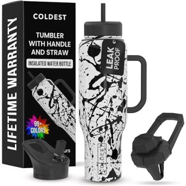 Imagem de Copo Coldest com alça e canudo - Copo isolado 100% à prova de vazamento com tampa e canudo (3 tampas) - Copos de aço inoxidável para mulheres e homens - Base compatível com porta-copos, 1,304 g
