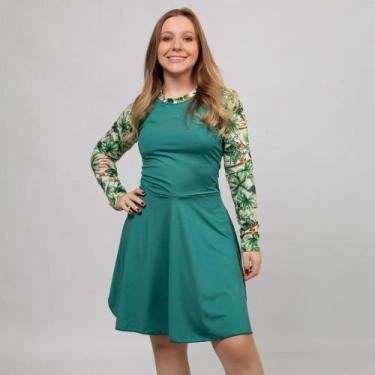 Imagem de Maiô Vestido Feminino com Manga Raglan Longa Estampada Com Short com B