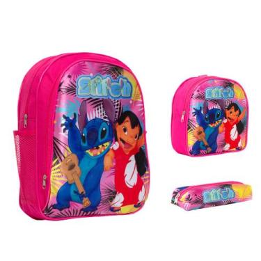 Imagem de Kit Mochila Bolsa Escolar Menina Stitch Rosa Costas Passeio - Toys 2U