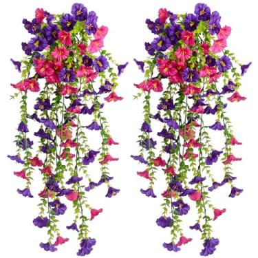 Imagem de SLanC 2 peças de flores artificiais penduradas, plantas falsas, videiras violetas, resistentes a UV, flor de seda artificial para parede, porta da frente, quintal, jardim, casamento, decoração ao ar