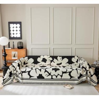 Imagem de Mantas De Chenille Com Padrão Floral Nórdico Para Sofás Grandes, Mantas De Sofá Macias Capa De Sofá 5 Lugares Protetor De Sofá De Tamanho Sortido Decoração De, Black, 180X300cm