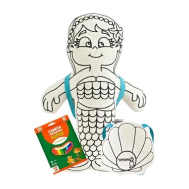 Imagem de Boneca Para Pintar Lavável Infantil Sereia + Boneco Menino Menina com Mochila Divertida e Reutilizável