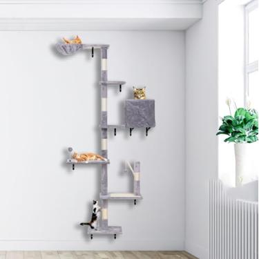 Imagem de Conjunto de escalador de gatos montado na parede, móveis modernos para gatos com arranhadores, plataformas, bolas penduradas, condomínio, adequado para gatos escalar, pular, cochilar, arranhar cinza