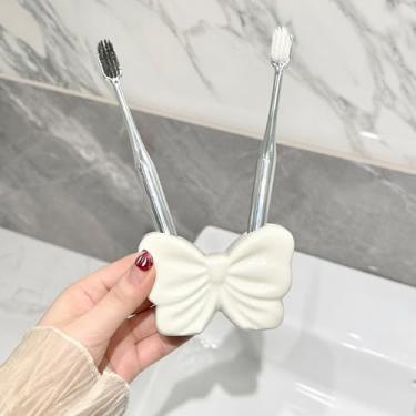 Imagem de Suporte de escova de dentes, suporte de escova de dente de cerâmica com laço fofo para banheiro, bancada, decoração de escritório em casa (branco)