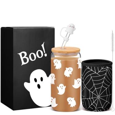 Imagem de Blushtier Copo de café de vidro de Halloween com tampa e palha, presente de festa de Halloween, copo gelado de fantasma estético, com tampa de palha e manga para copo de 473 ml, caneca de presente