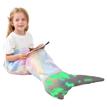 Imagem de Viviland Cobertor infantil de cauda de sereia - Cobertores de cauda de sereia que brilham no escuro - Cobertor de sereia de flanela para meninas - Unicórnio luminoso super macio tie dye meninas