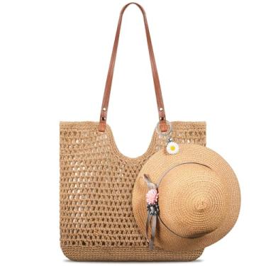 Imagem de Abbylike Bolsa de praia de crochê com clipe de chapéu de margarida feminina bolsa de ombro de palha de verão com zíper tecido macio viagem férias, Marrom, 13.78 x 12.99 inches