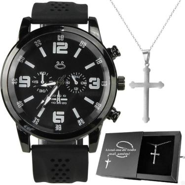 Imagem de Relogio Masculino Preto Aço + Cordao Crucifixo Ajustavel Black Piano Qualidade Premium Social Prata