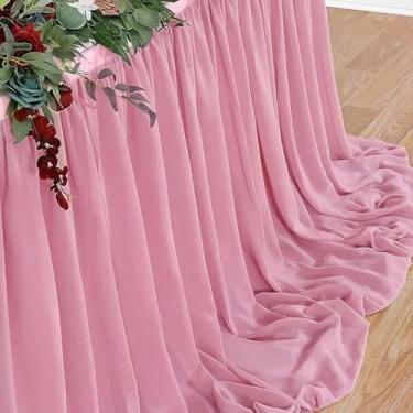 Imagem de Saia de mesa branca, toalha de mesa de chiffon para casamento, tecido transparente para chá de bebê, mesa de namorados, festa de aniversário, decoração de mesa de bolo, rosa, 70 x 426 cm