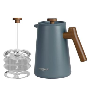Imagem de Cafeteira francesa POLIVIAR, prensa de café de 1000 ml com cabo de madeira verdadeira, isolamento de parede dupla e tela de filtro duplo, aço inoxidável de grau alimentício para bom café e chá, JX2025