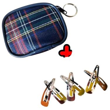 Imagem de Kit Presilha Tic Tac de Cabelo Tamanho Grande Metal Dourado 3 pares + 1 Porta Niquel Moeda Xadrez Quadrado Azul Luxo