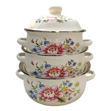 Imagem de Fenteer 3 peças de panelas esmaltadas, potes de sopa, utensílios de cozinha, conjunto de panelas esmaltadas com padrão floral, de fundo plano para cozinha, Style D