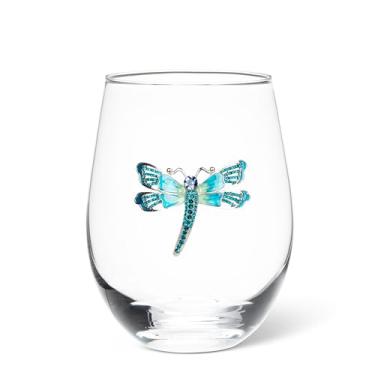 Imagem de Abbott Collection Taça de vinho sem haste com libélula de joias - vidro/metal, transparente/azul, 11,4 cm A (453 g)