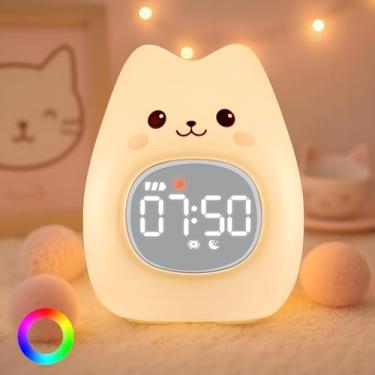 Imagem de Aokpsrt Despertador de gato com luz noturna para crianças com máquina de som e treinamento de sono, lâmpada de silicone recarregável OK para despertar, lâmpada de mesa de animal fofo, companheiro de