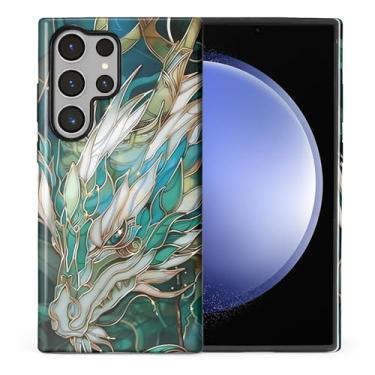 Imagem de CARLOCA Compatível com Samsung Galaxy S24 Ultra Full Body Protective Glossy Case para meninas meninos à prova de choque moda estética padrão azul-petróleo dragão branco vitral