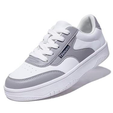 Imagem de Tifimuca Tênis feminino de couro vegano, cano baixo, cadarço, antiderrapante, para caminhada, corrida, skate, tênis, confortável, casual, atlético, versátil, moderno, Branco/Cinza, 37