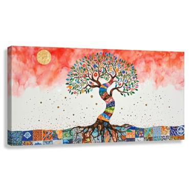 Imagem de Árvore da Vida Arte de Parede Impressão em Tela Decoração Life'S Harmony Folhas Coloridas Tronco Arco-Íris Sala de Estar Vermelho Verde 80x40cmx1