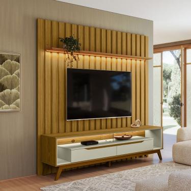 Imagem de Rack Duo Pés Madeira e Painel Ripado com Led London 177cm TV 70 Polegadas - Olivar Móveis