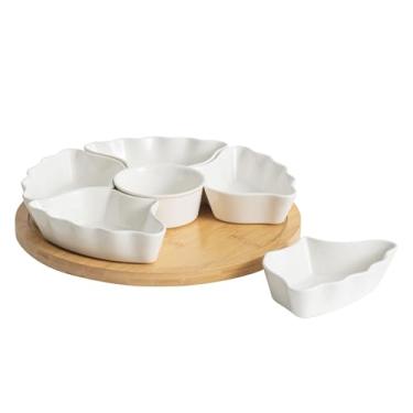 Imagem de Bandeja de servir Susan Lazy Susan de cerâmica 360°, tigelas de aperitivos divididas em porcelana com bandeja giratória silenciosa, prato secional removível com bandeja giratória de bambu para batatas