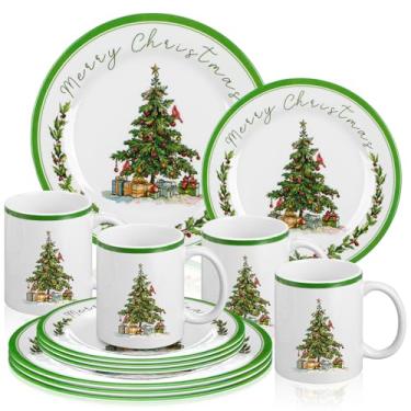 Imagem de Teenyyou Conjunto de utensílios de jantar de árvore de Natal para 4 peças, inclui 4 peças de prato de jantar de melamina de 25 cm e 4 peças de prato de sobremesa de 20 cm, 4 peças de caneca de
