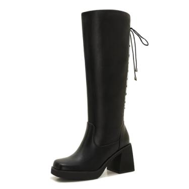 Imagem de Botas de cano longo até o joelho para mulheres – Botas de salto grosso plus size com cadarço ajustável nas costas, Preto, 9 Wide
