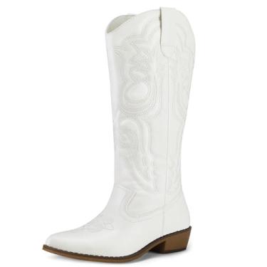 Imagem de mysoft Botas femininas caubói cano médio vaqueira bordada, bico fino, salto grosso, sem cadarço, cano alto, Branco, 36