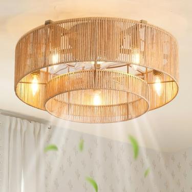 Imagem de Ventilador de teto boho de vime de 50 cm com luz, ventiladores de teto com gaiola fechada com luzes e controle remoto, suporte embutido costeiro com 6 velocidades reversíveis para sala de estar