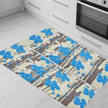 Imagem de Tapete Passadeira Cozinha Antiderrapante Reforçado Resistente Kit 3 Peças - Flor de Liz Blue