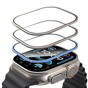 Imagem de MONASAY Pacote com 3 protetores de tela para Apple Watch Ultra 2/1 (2024/2023/2022, 49 mm), filme de vidro temperado com moldura de liga de alumínio, proteção de grau militar, super pegajoso