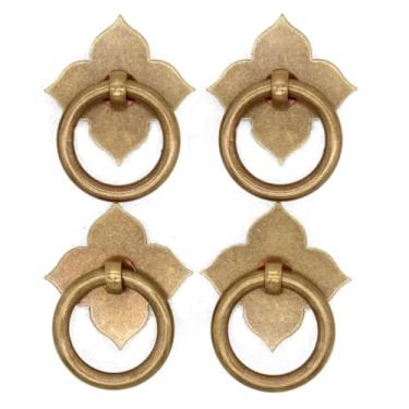 Imagem de LXZ 4 peças puxadores de anel de bronze antigo vintage com base em forma de trevo de quatro folhas - ferragens de armário de latão sólido puro - Tamanho do anel 1,4 pol. (3,5 cm)