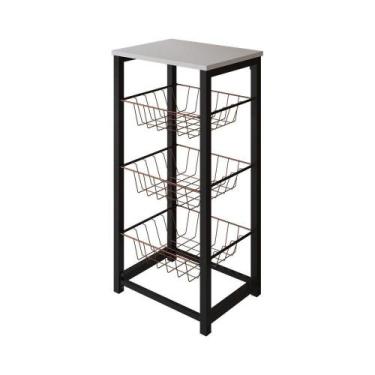 Imagem de Fruteira De Chão Cozinha Desmontada Aço Preto Cesto Cobre Tampo Branco