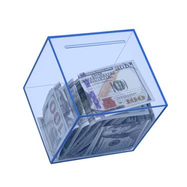 Imagem de Cofrinho transparente de acrílico, à prova de estilhaçamento, transparente para moedas e dinheiro, pote de economia visual para crianças e adultos, design não aberto (azul, pequeno)