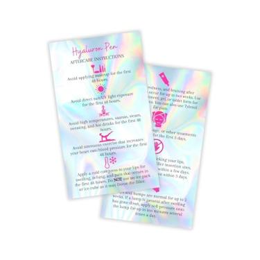 Imagem de Cartão de instruções de cuidados pós-cuidados para caneta Hyaluron | Pacote com 50 | Tamanho do cartão de visita impresso físico 5 x 8,9 cm | Design holográfico com ícones rosa
