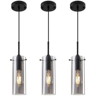 Imagem de Otmilance Luzes pendentes de vidro cinza fumê ilha de cozinha 3 pacotes, iluminação pendente de cozinha sobre ilha, pingente de luz pendurada moderna, pingentes de luz para ilha de cozinha, sala de