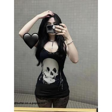 Imagem de Vestido Bodycon Sem Mangas Com Estampa De Caveira Gótica Para Mulheres