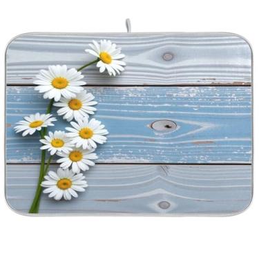 Imagem de Tapete de secagem de louças para porta de madeira margarida, tapete de secagem de girassol para balcão de cozinha, tapete de 45,72 x 60,96 cm resistente ao calor, almofada de escorredor de pratos para balcão de cozinha