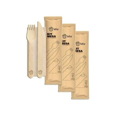 Imagem de Garfo E Faca De Madeira Biodegradável Billa Mesa Kit 3