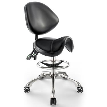Imagem de Cadeira de selim com suporte para as costas – altura ajustável com apoio para os pés, capacidade ergonômica de 158 kg, cadeira de desenho giratória de 360° para salão, spa, massagem, tatuagem, cílios