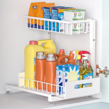 Imagem de Armazenamento organizador profissional embaixo da pia: organizador de cesta de arame removível de 2 camadas de metal premium, formato de L ajustável em altura, fácil instalação | Pacote de