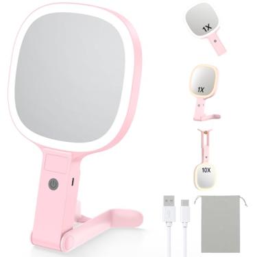 Imagem de Gospire Espelho de viagem de 17,3 cm, 3 em 1 para pendurar, portátil, uso de mesa com botões de dois lados, ampliação de 1x/10x, LED regulável em 3 cores, memória automática + bolsa de veludo (rosa)